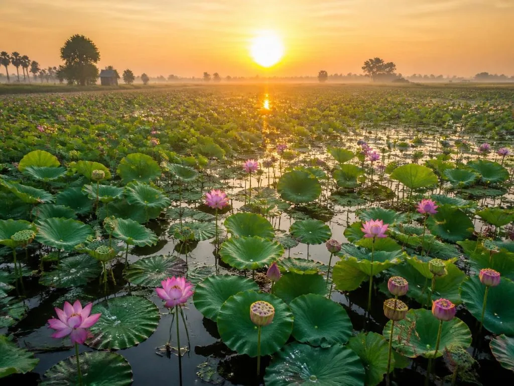 Lotus pond at sunrise in Bihar