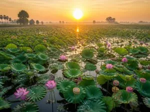 Lotus pond at sunrise in Bihar